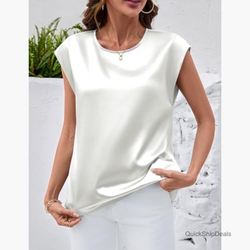 Silk Satin Cap Sleeve Tank Top Loose Fit Business Casual Blouse - Picture 4 of 7
